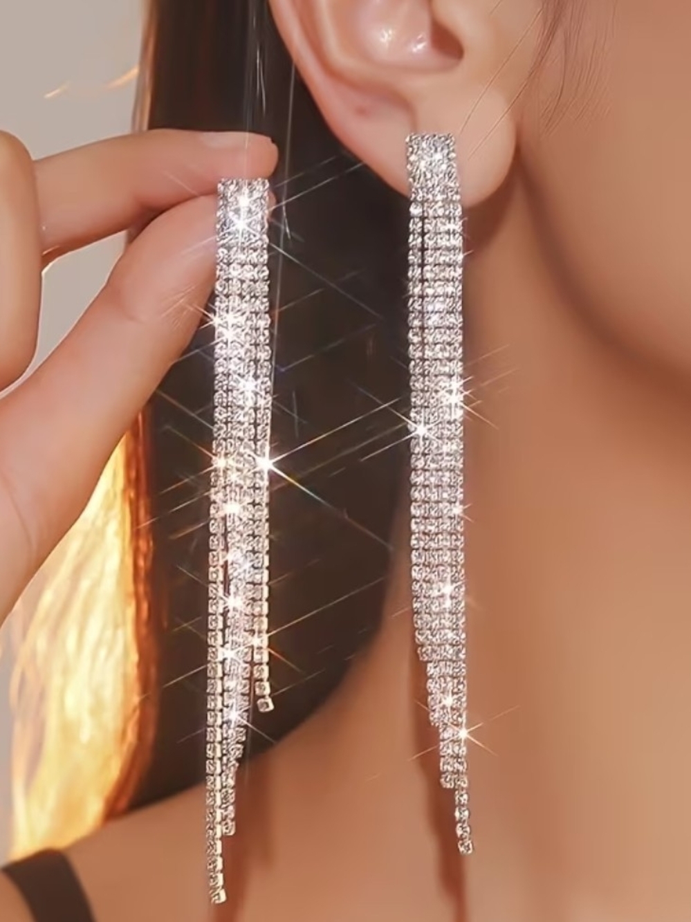 Silver CZ Rhinestone Crystal Fringe Drop Earrings - Women Jewelry